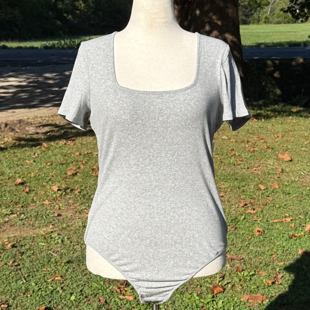 Jenni Intimates Womens XL Ribbed Square Neck Short Sleeve Bodysuit Heather Grey